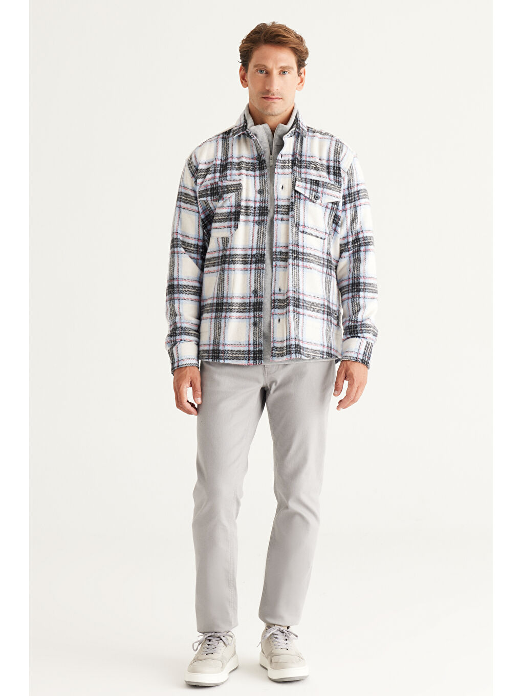 Erkek Ekru-Mavi Oversize Fit Geniş Kesim Düğmeli Yaka Cepli Ekose Desenli Oduncu Gömlek Ceket-1