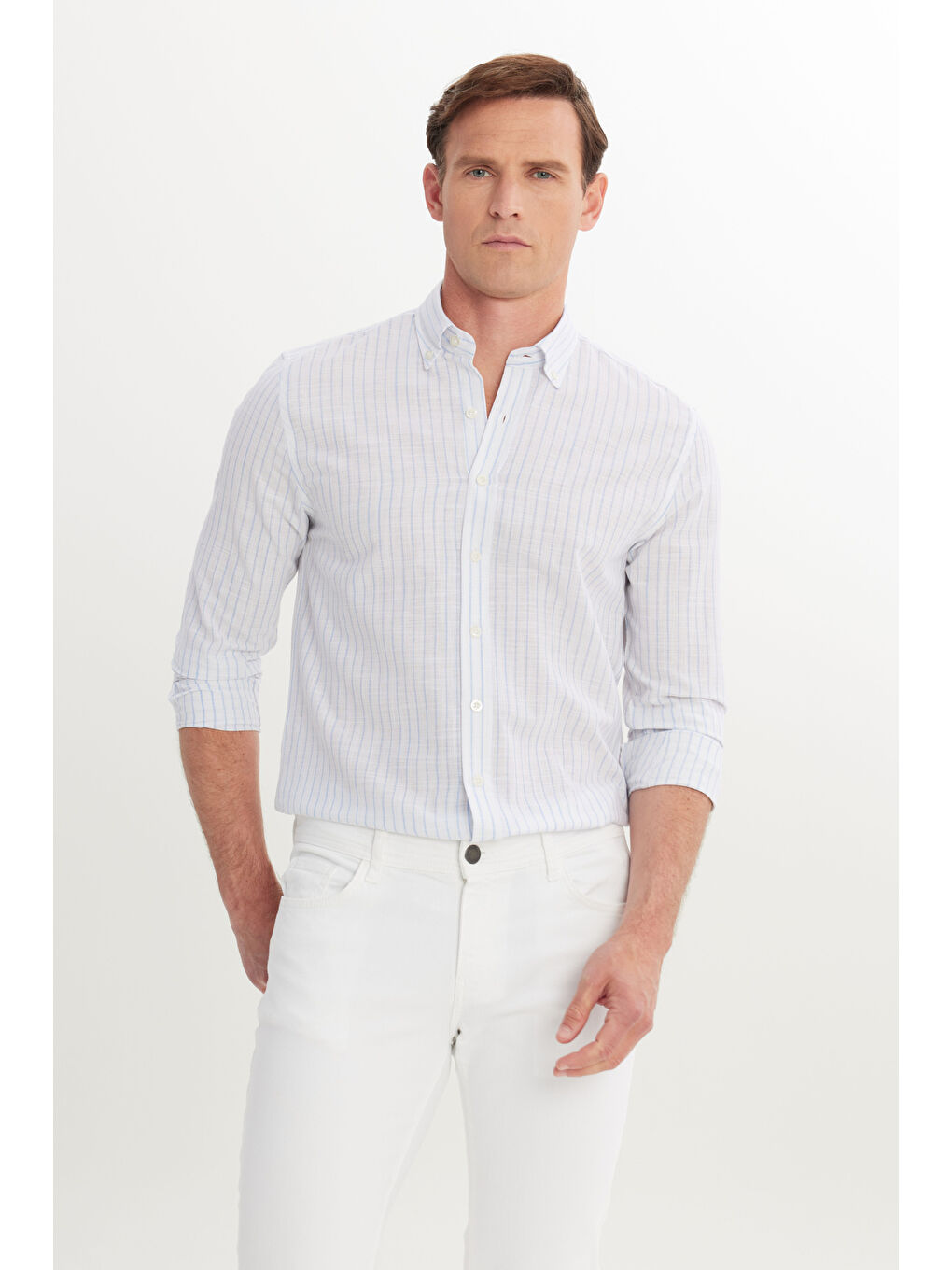 Erkek Mavi %100 Pamuk Slim Fit Dar Kesim Düğmeli Yaka Armürlü Gömlek