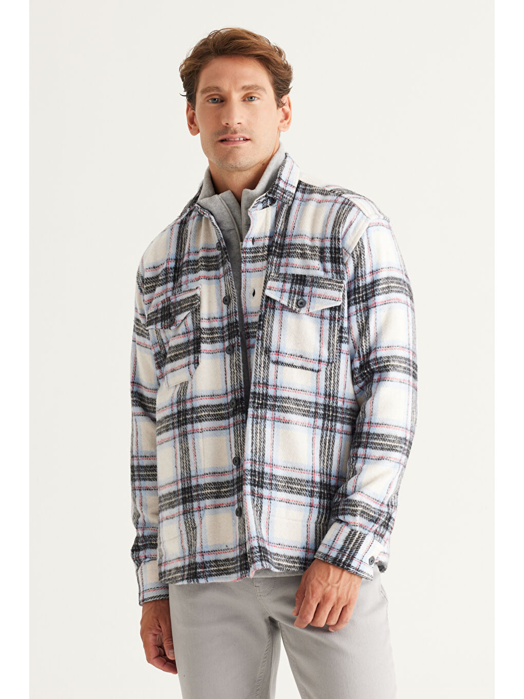Erkek Ekru-Mavi Oversize Fit Geniş Kesim Düğmeli Yaka Cepli Ekose Desenli Oduncu Gömlek Ceket-2
