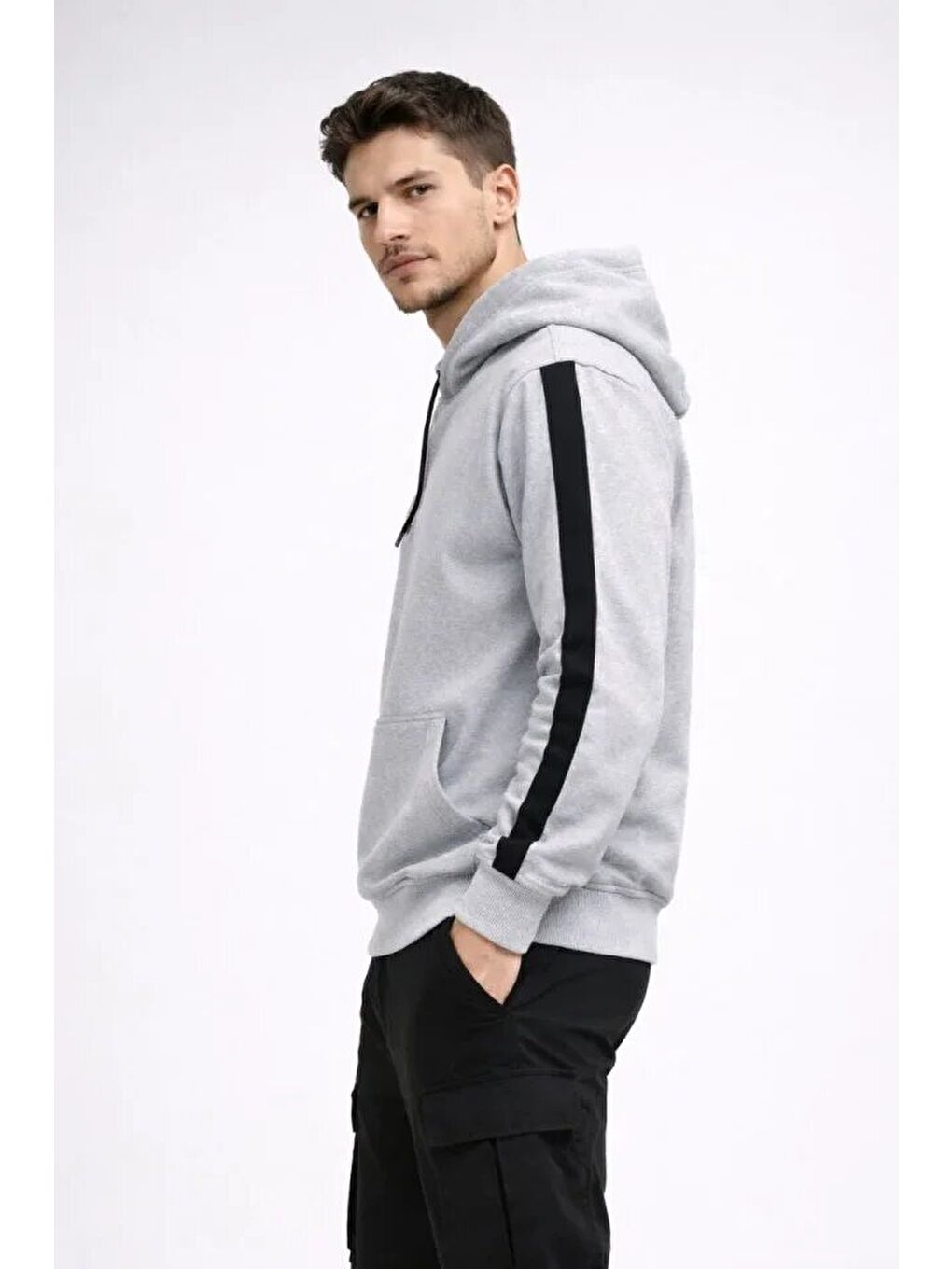 Erkek Şeritli Kapüşonlu Sweatshirt Oversize 3 Iplik Pamuklu - Beyaz-2