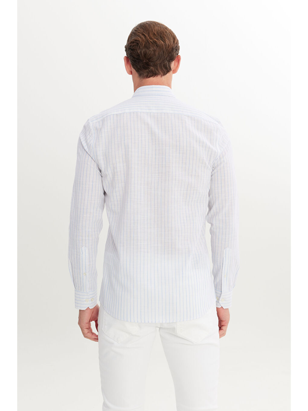 Erkek Mavi %100 Pamuk Slim Fit Dar Kesim Düğmeli Yaka Armürlü Gömlek-4