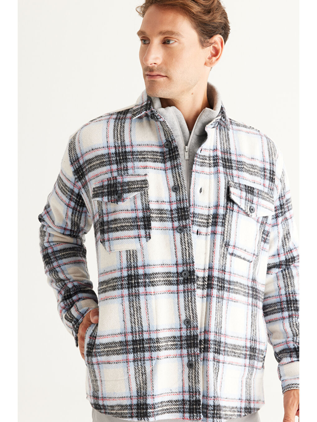 Erkek Ekru-Mavi Oversize Fit Geniş Kesim Düğmeli Yaka Cepli Ekose Desenli Oduncu Gömlek Ceket-3