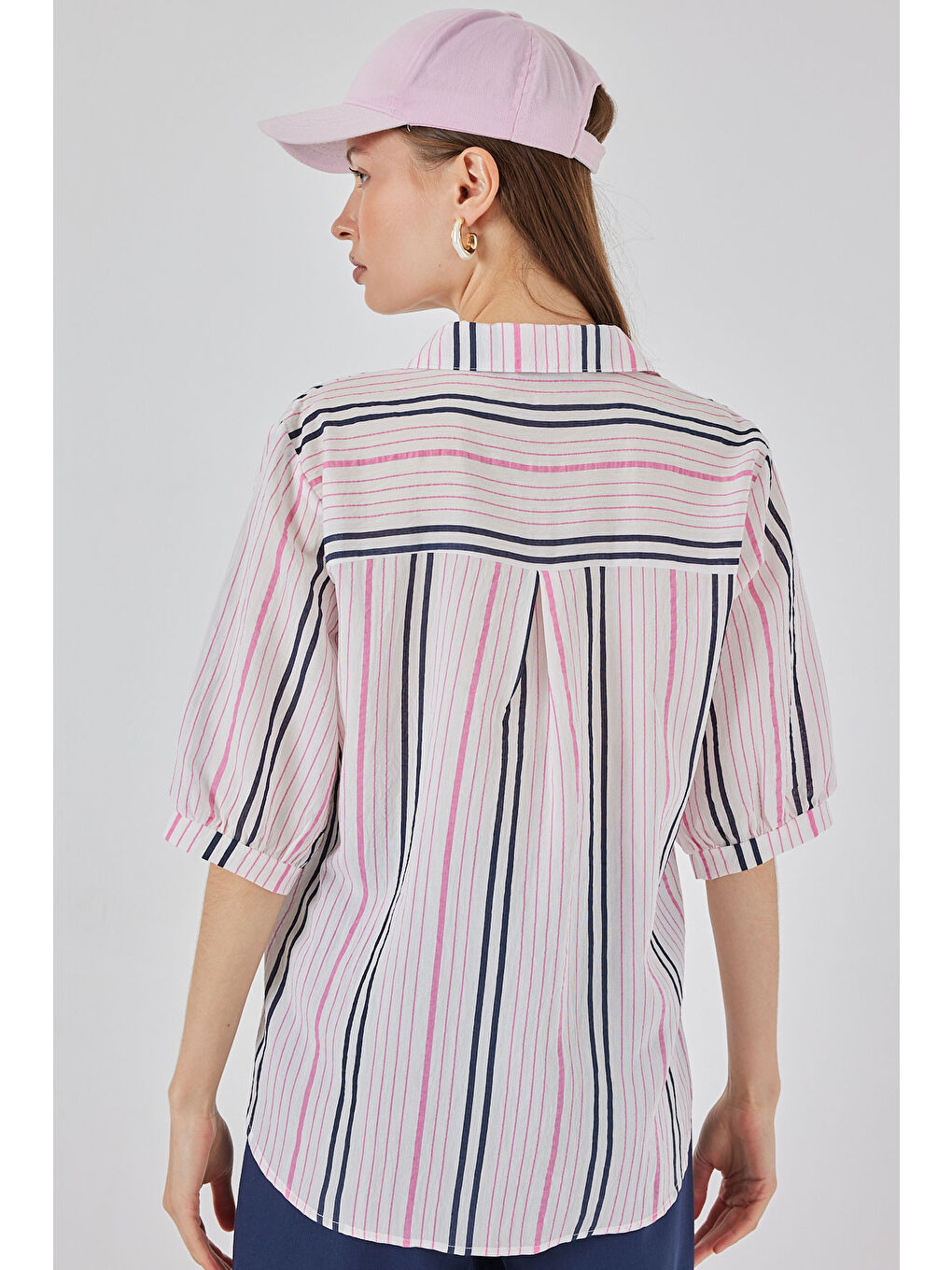 Kadın Çizgili Kısa Kol Gömlek 20345 - Pembe-5