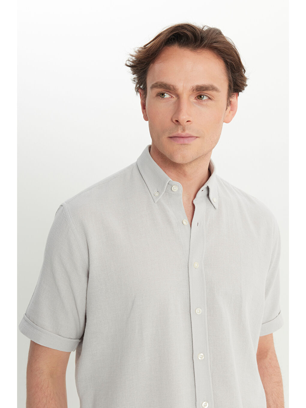Erkek Açık Gri %100 Pamuk Comfort Fit Rahat Kesim Düğmeli Gömlek Yaka Armürlü Gömlek-7