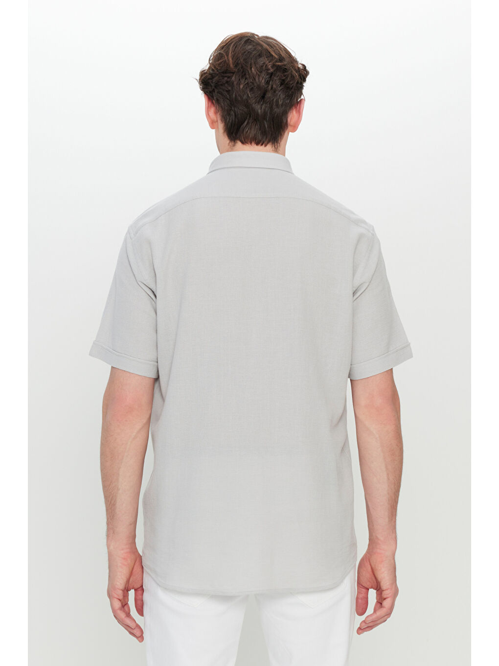 Erkek Açık Gri %100 Pamuk Comfort Fit Rahat Kesim Düğmeli Gömlek Yaka Armürlü Gömlek-8