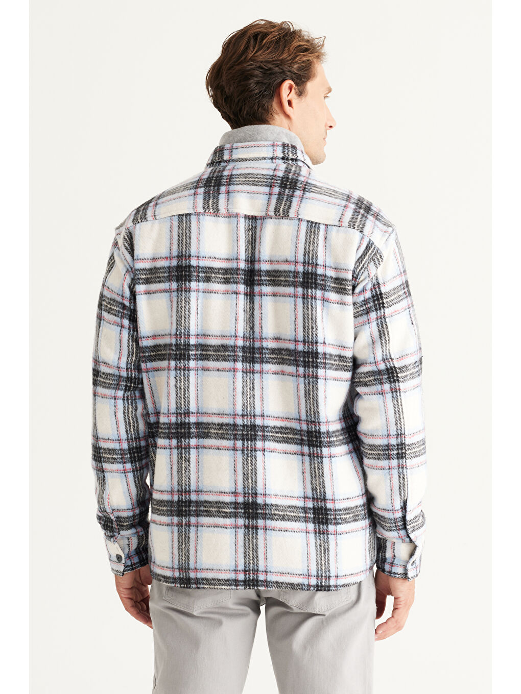 Erkek Ekru-Mavi Oversize Fit Geniş Kesim Düğmeli Yaka Cepli Ekose Desenli Oduncu Gömlek Ceket-4