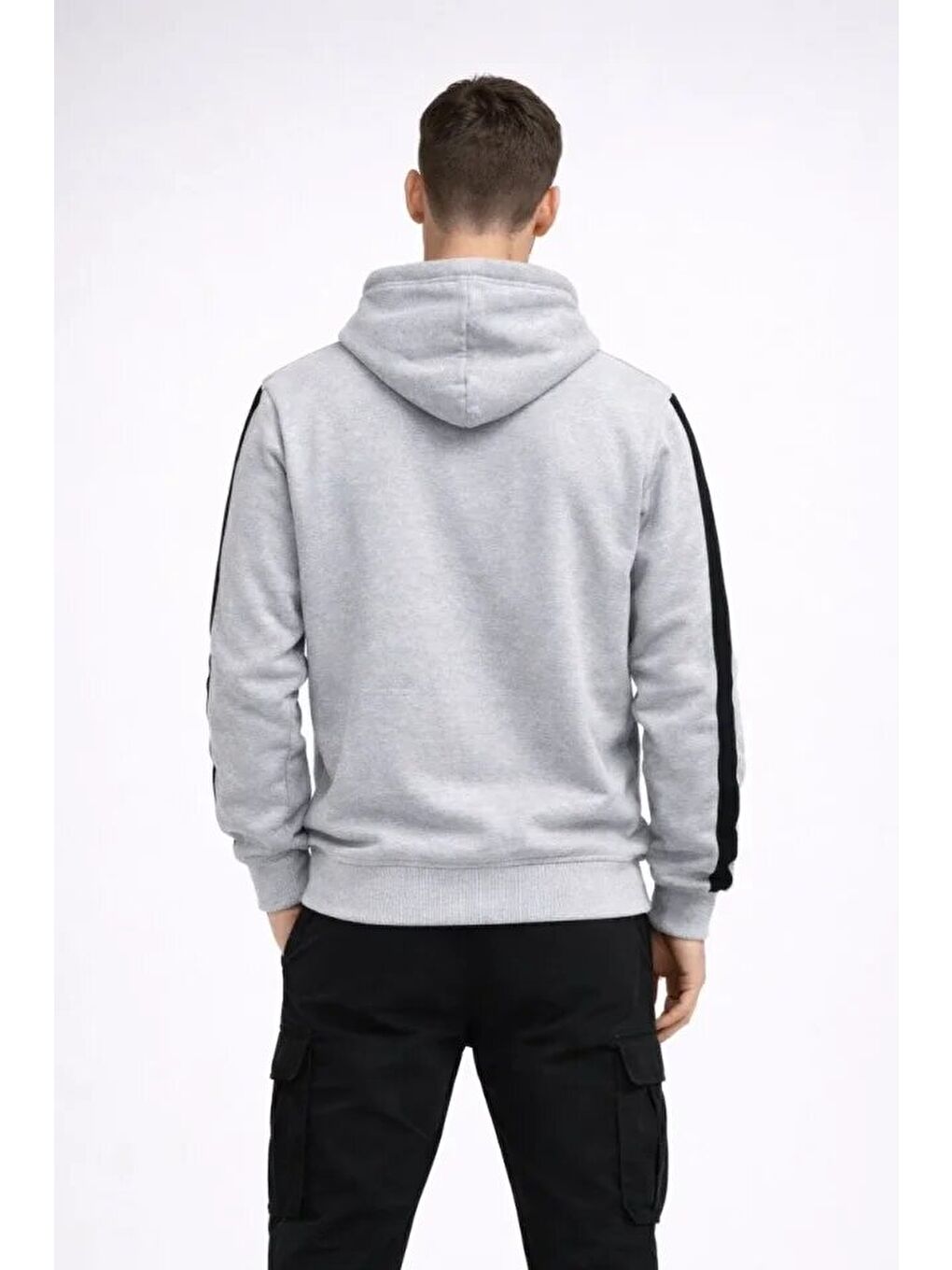 Erkek Şeritli Kapüşonlu Sweatshirt Oversize 3 Iplik Pamuklu - Beyaz-3