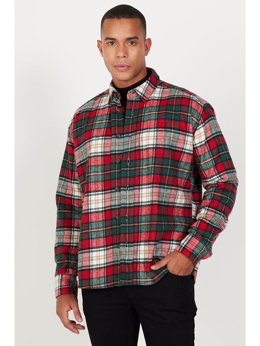 Kırmızı Erkek KIRMIZI HAKI Oversize Fit Geniş Kesim Düğmeli Yaka Ekose Desenli Oduncu Gömlek Ceket-1