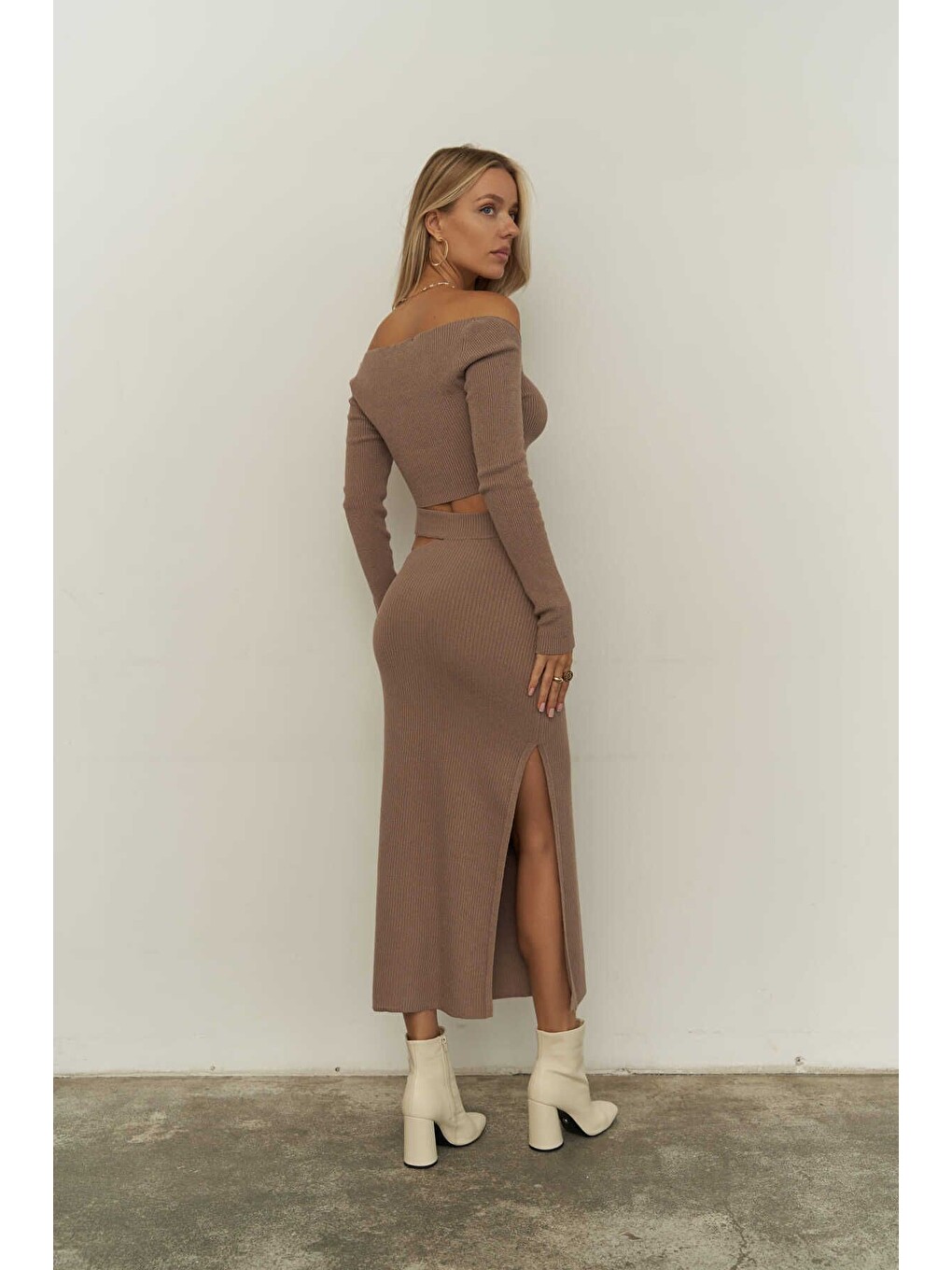 Bej Sabrina Vizon Triko Etek-crop Takım-4