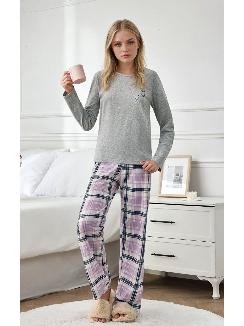 Kalpli Gri Üst Lila Ekose Alt Uzun Kollu Pijama Takımı-1