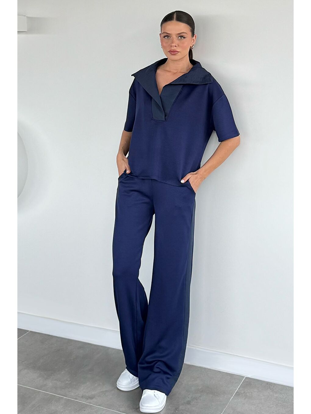 Lacivert Kadın Polo Yaka Bluz Bel Lastikli Pantolon İkili Takım