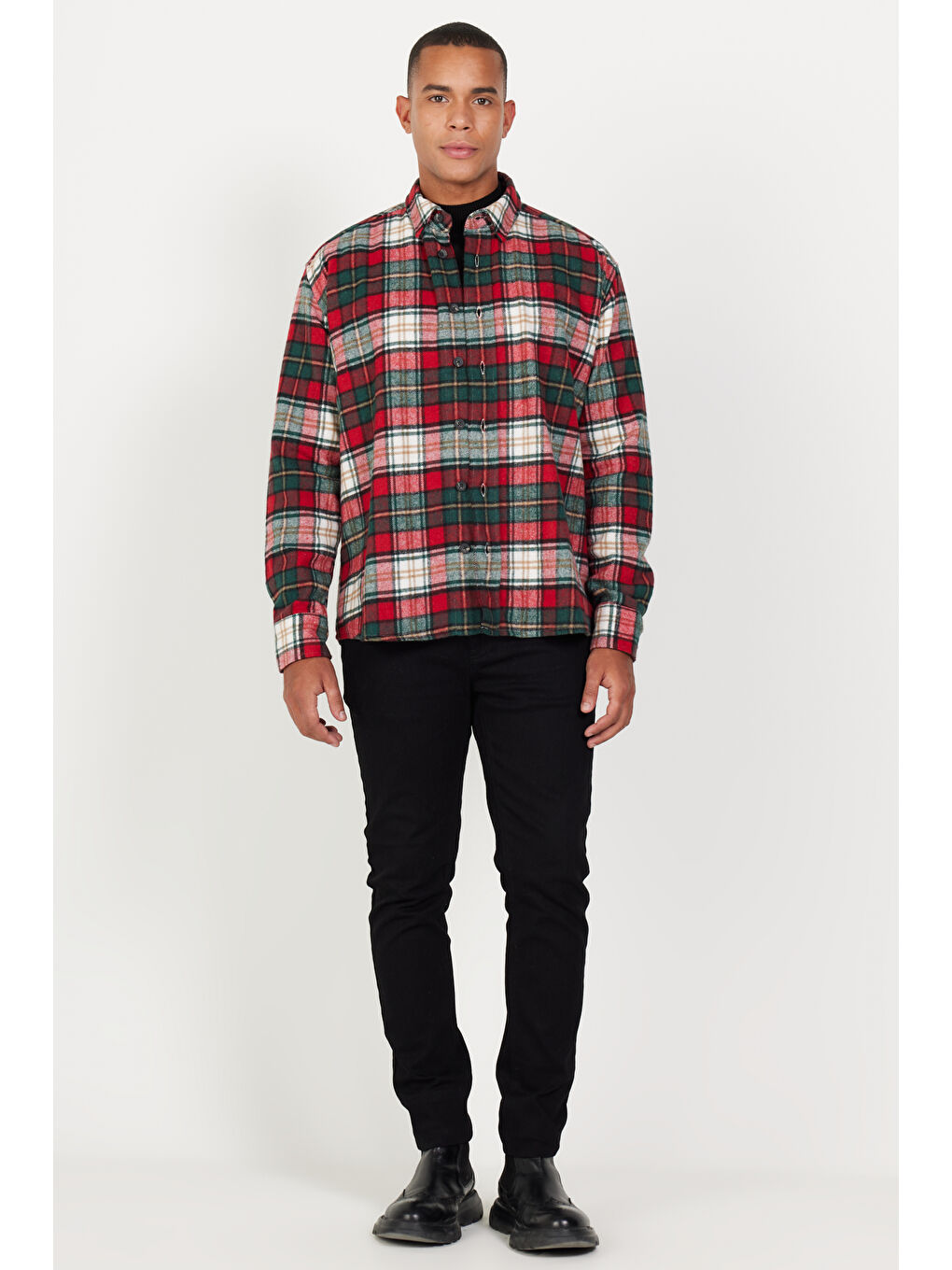 Kırmızı Erkek KIRMIZI HAKI Oversize Fit Geniş Kesim Düğmeli Yaka Ekose Desenli Oduncu Gömlek Ceket-3