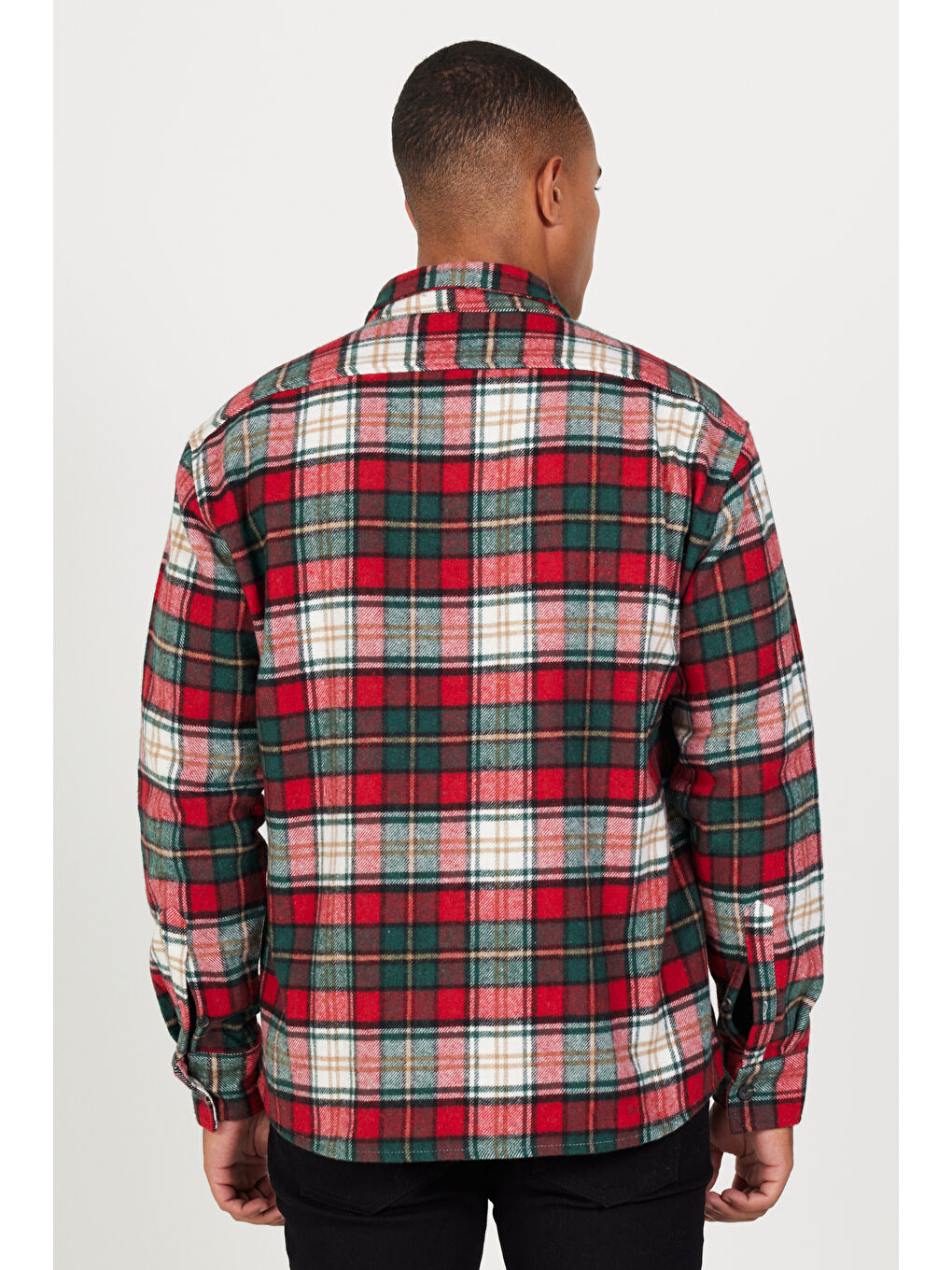 Kırmızı Erkek KIRMIZI HAKI Oversize Fit Geniş Kesim Düğmeli Yaka Ekose Desenli Oduncu Gömlek Ceket-4