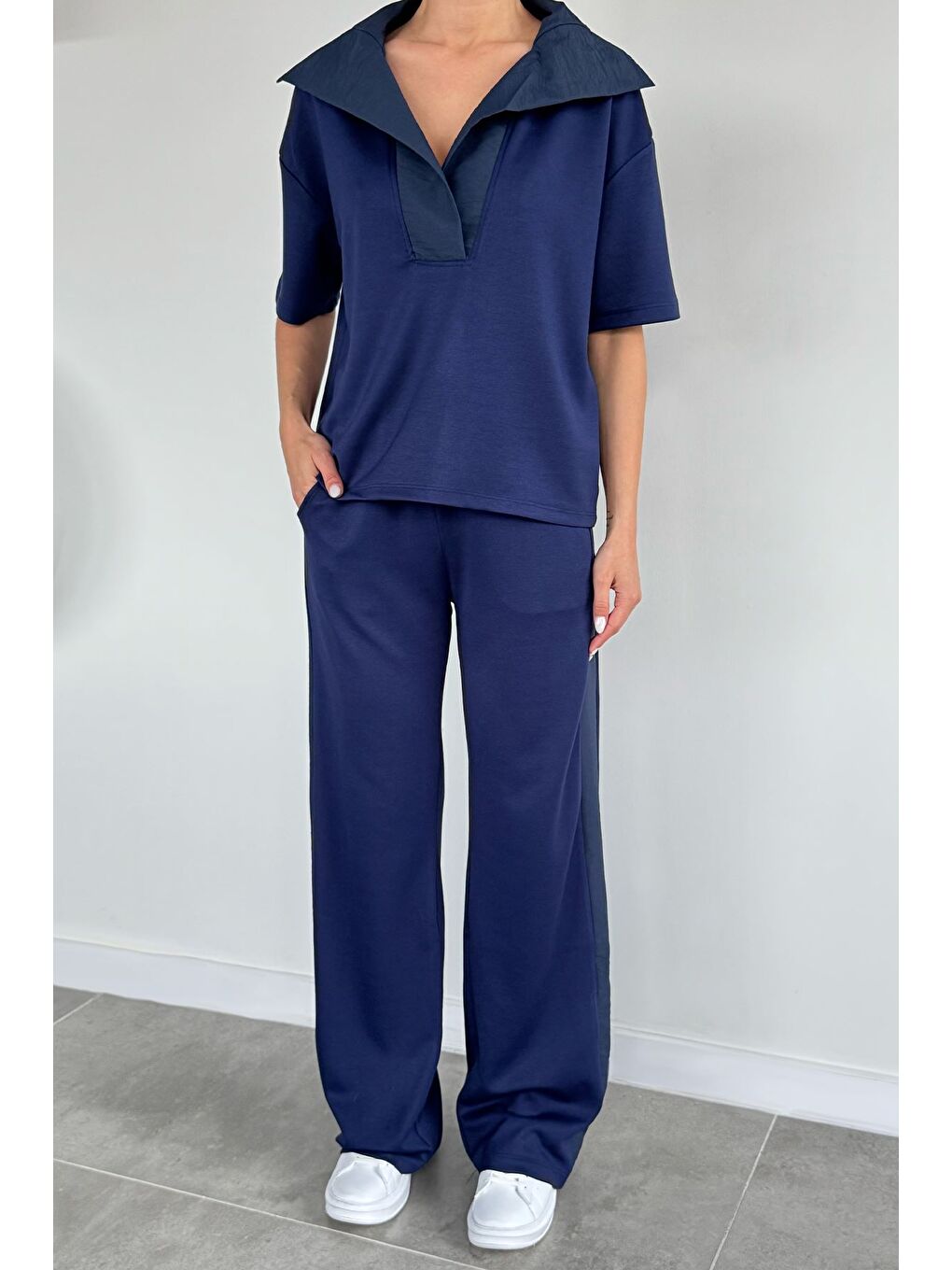 Lacivert Kadın Polo Yaka Bluz Bel Lastikli Pantolon İkili Takım-1