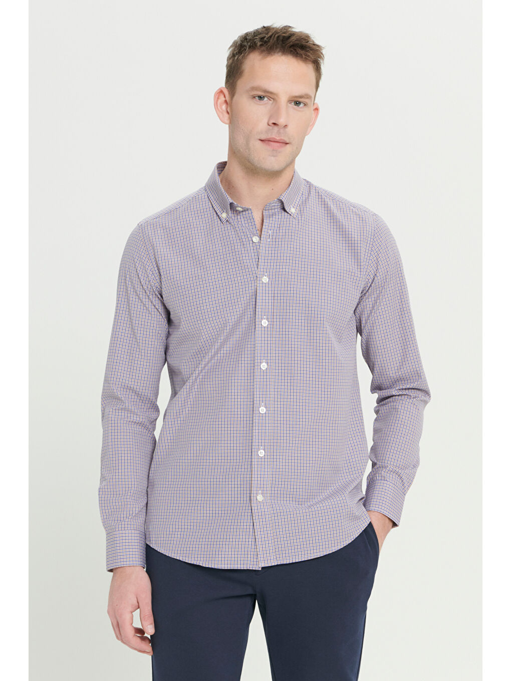 Sarı Erkek Hardal Slim Fit Dar Kesim Düğmeli Yaka Pamuklu Kareli Gömlek