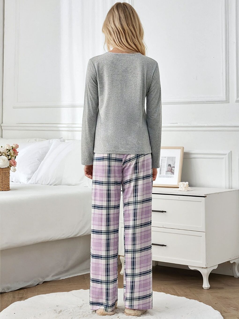 Kalpli Gri Üst Lila Ekose Alt Uzun Kollu Pijama Takımı-2
