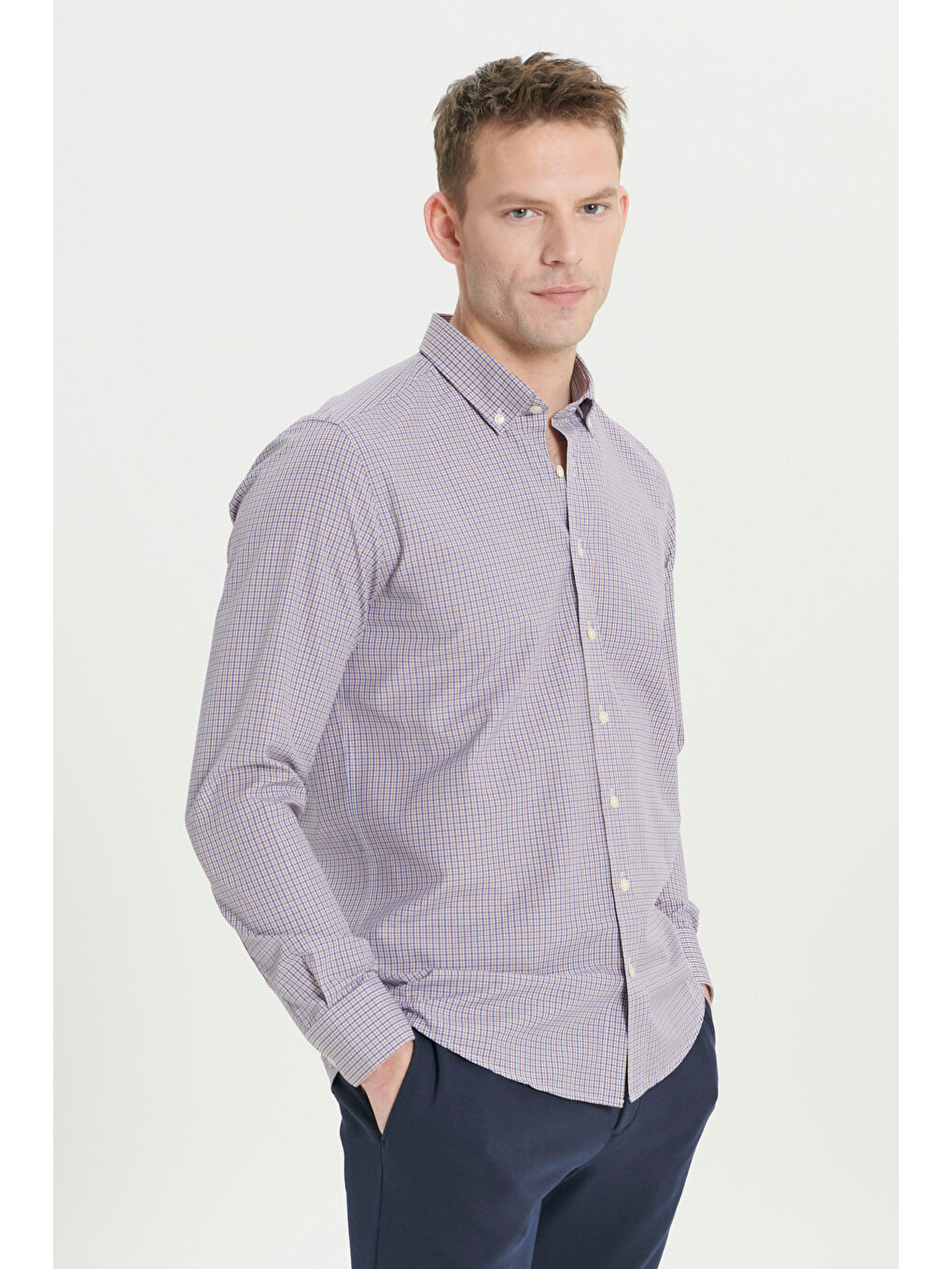 Sarı Erkek Hardal Slim Fit Dar Kesim Düğmeli Yaka Pamuklu Kareli Gömlek-2