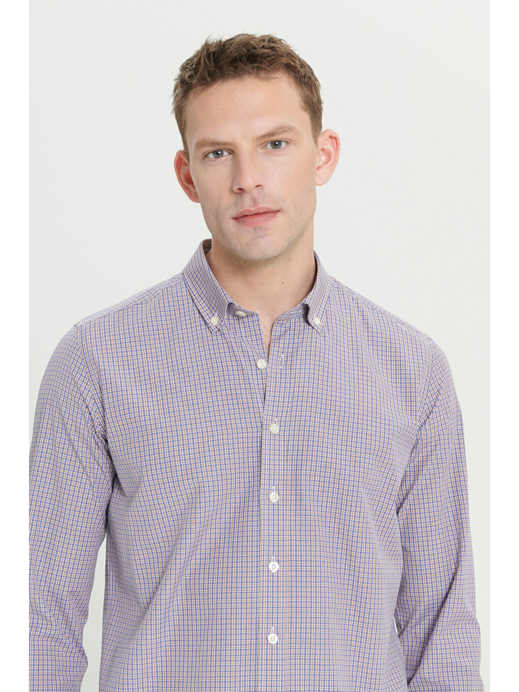 Sarı Erkek Hardal Slim Fit Dar Kesim Düğmeli Yaka Pamuklu Kareli Gömlek-3