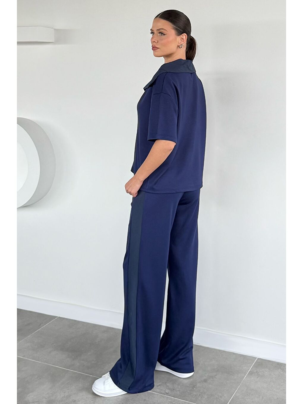 Lacivert Kadın Polo Yaka Bluz Bel Lastikli Pantolon İkili Takım-3