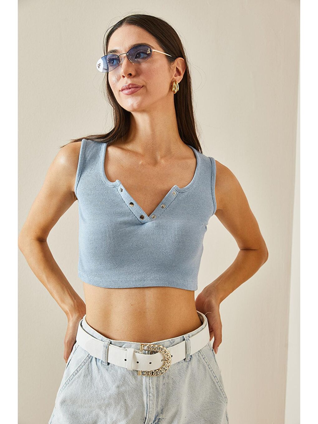 Bebe Mavisi Çıtçıtlı Fitilli Crop Bluz-1