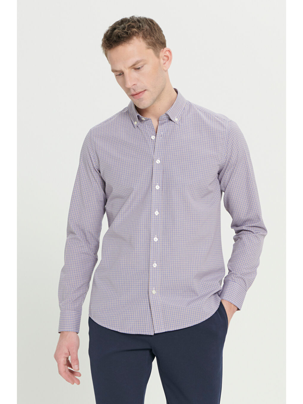 Sarı Erkek Hardal Slim Fit Dar Kesim Düğmeli Yaka Pamuklu Kareli Gömlek-4