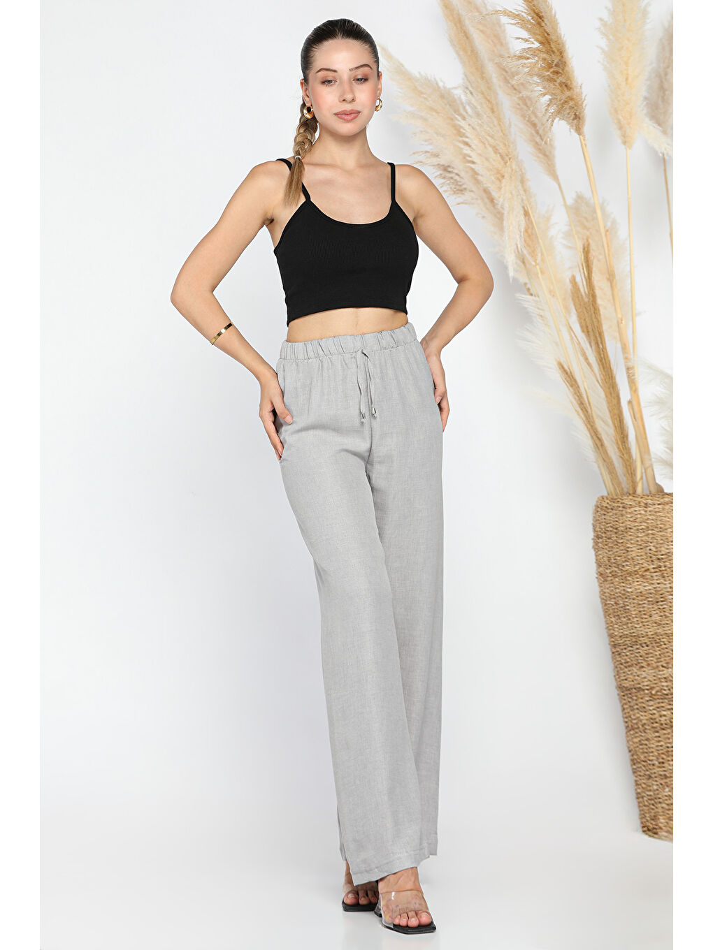 Gri Bel Lastikli Bol Paça Pantolon-1