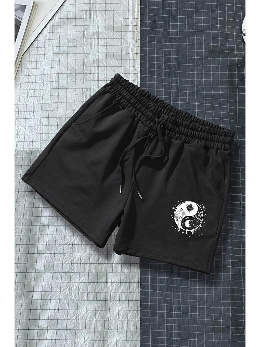 uyguntarz Siyah Tasarım Baskılı Pamuk Unisex Penye Short