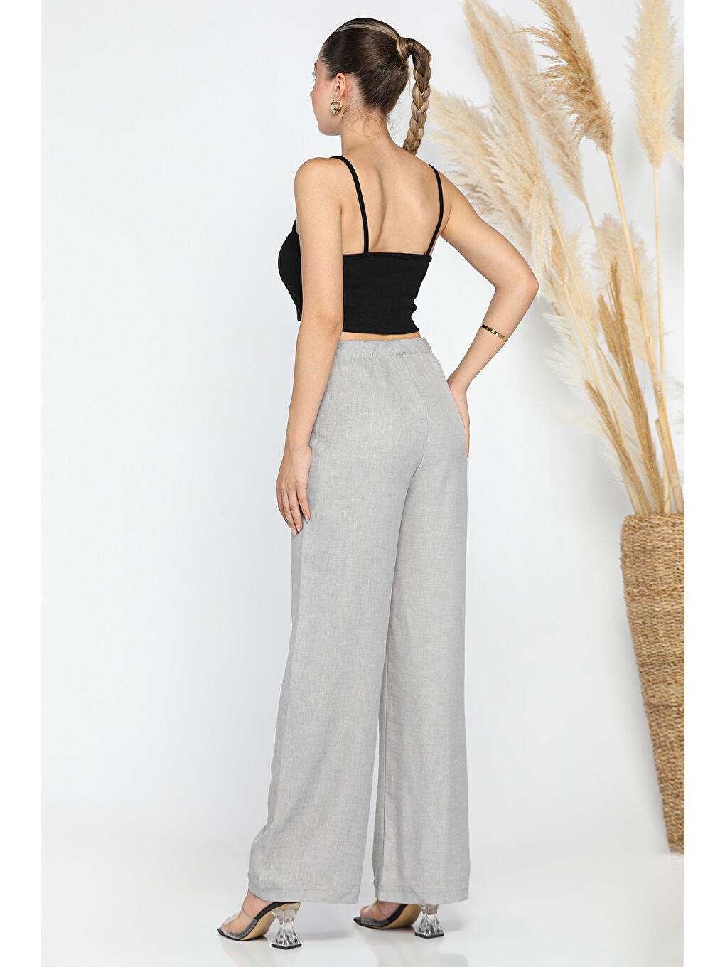 Gri Bel Lastikli Bol Paça Pantolon-2