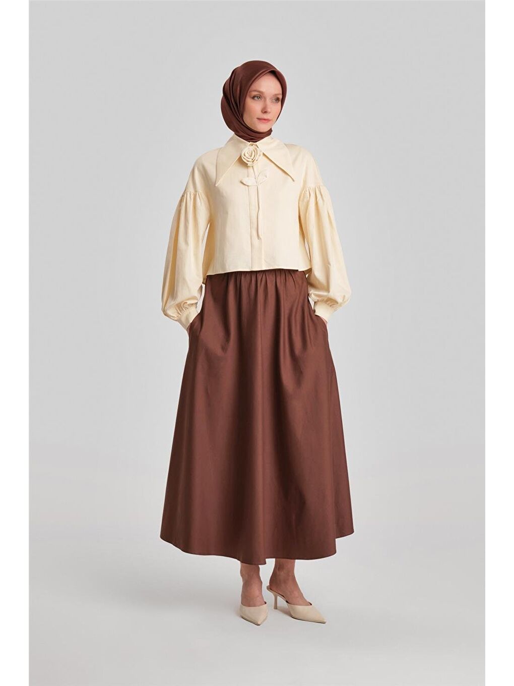 Kuşağı İşlemeli Pamuk Etek 24Y1639 Kahverengi