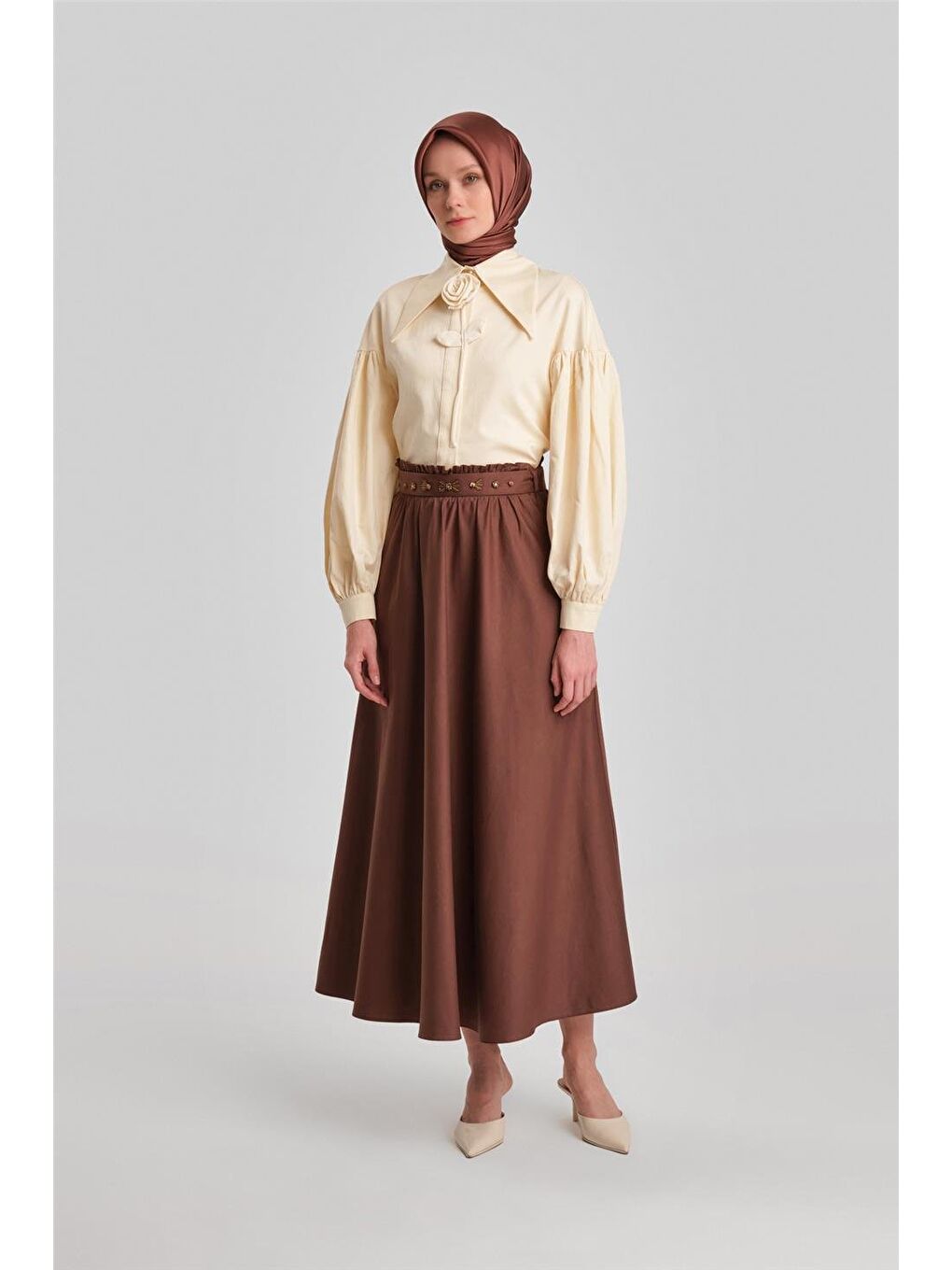 Kuşağı İşlemeli Pamuk Etek 24Y1639 Kahverengi-1