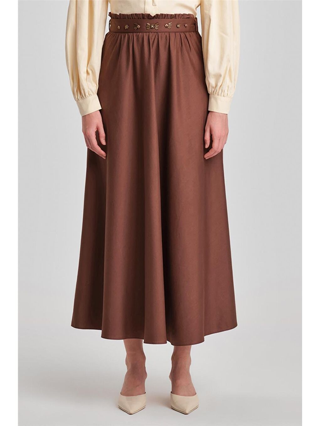 Kuşağı İşlemeli Pamuk Etek 24Y1639 Kahverengi-2