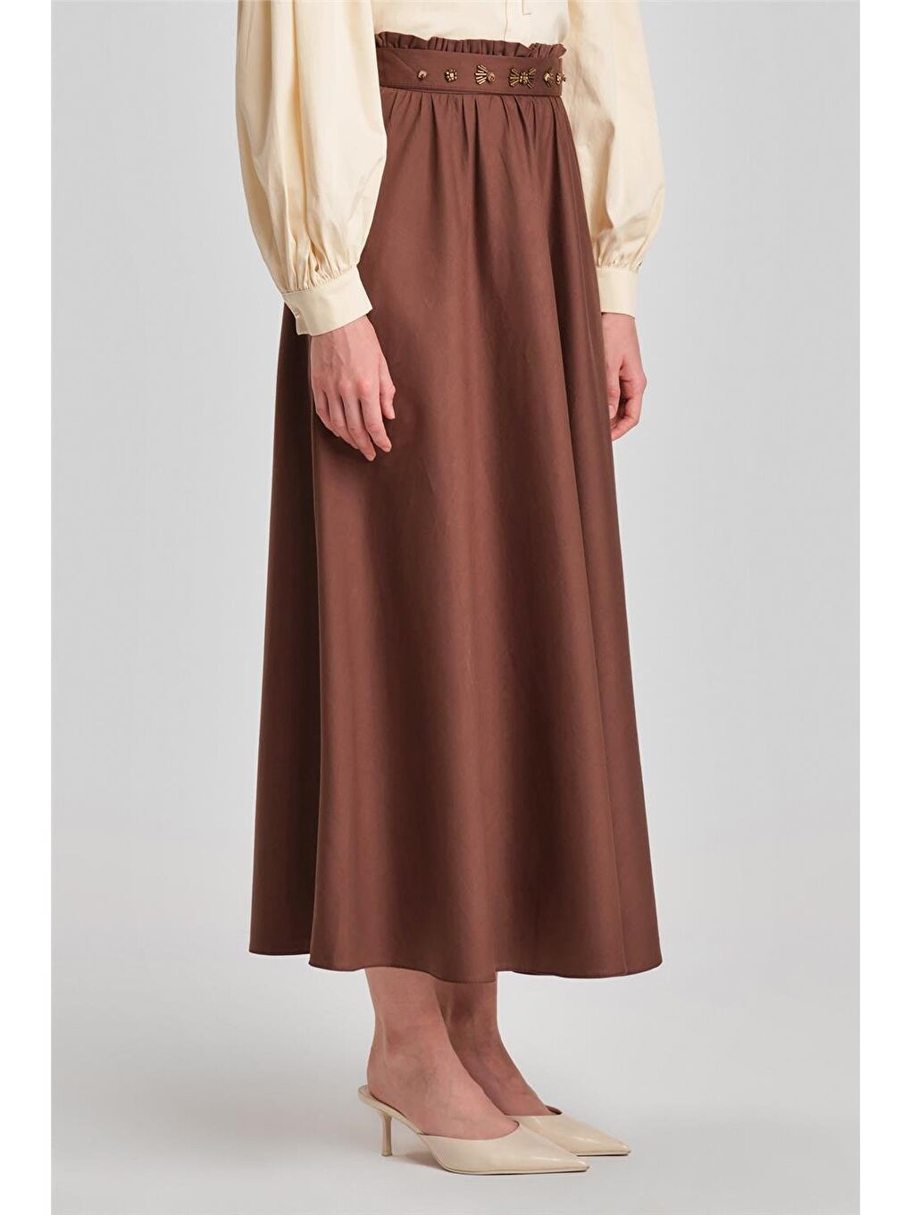 Kuşağı İşlemeli Pamuk Etek 24Y1639 Kahverengi-3
