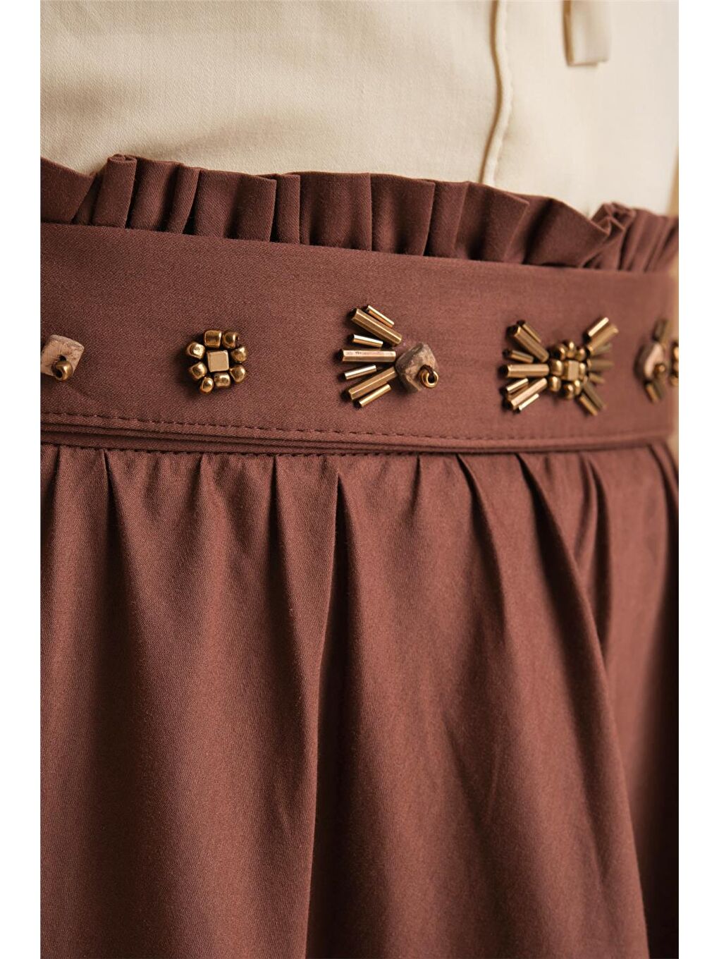 Kuşağı İşlemeli Pamuk Etek 24Y1639 Kahverengi-4