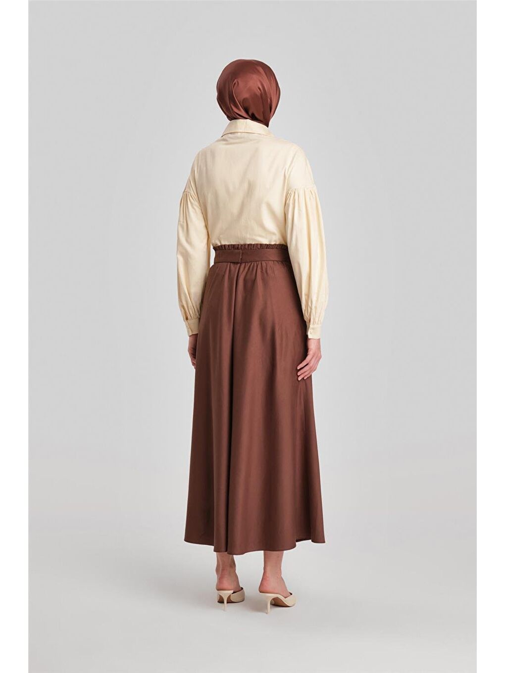 Kuşağı İşlemeli Pamuk Etek 24Y1639 Kahverengi-5