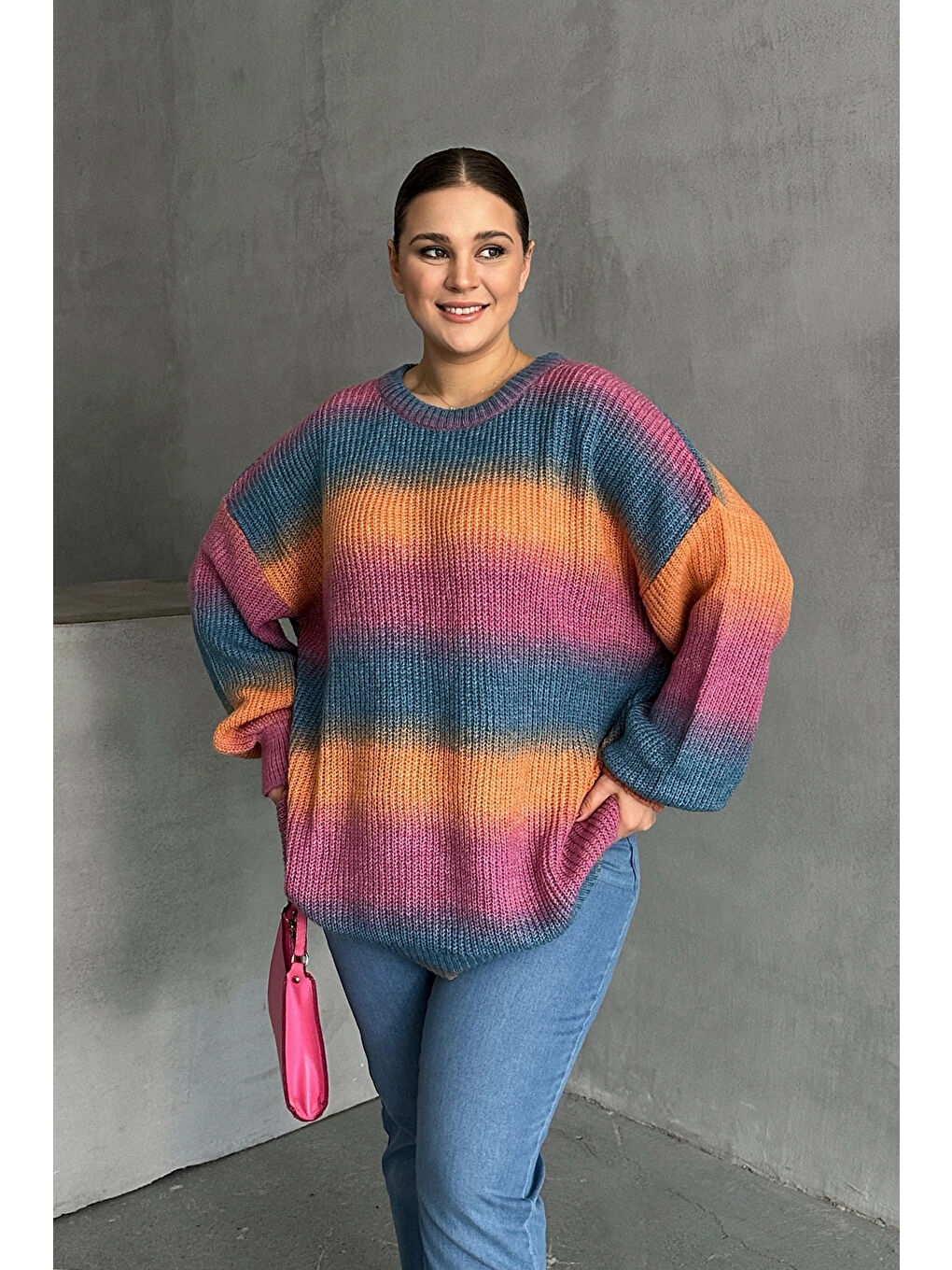 Karışık Büyük Beden Uzun Kollu Bisiklet Yaka Renk Bloklu Triko Kazak DG-09