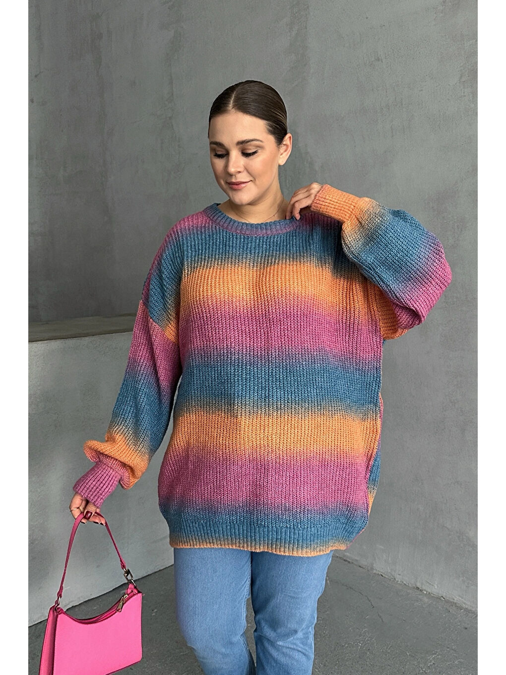 Karışık Büyük Beden Uzun Kollu Bisiklet Yaka Renk Bloklu Triko Kazak DG-09-1