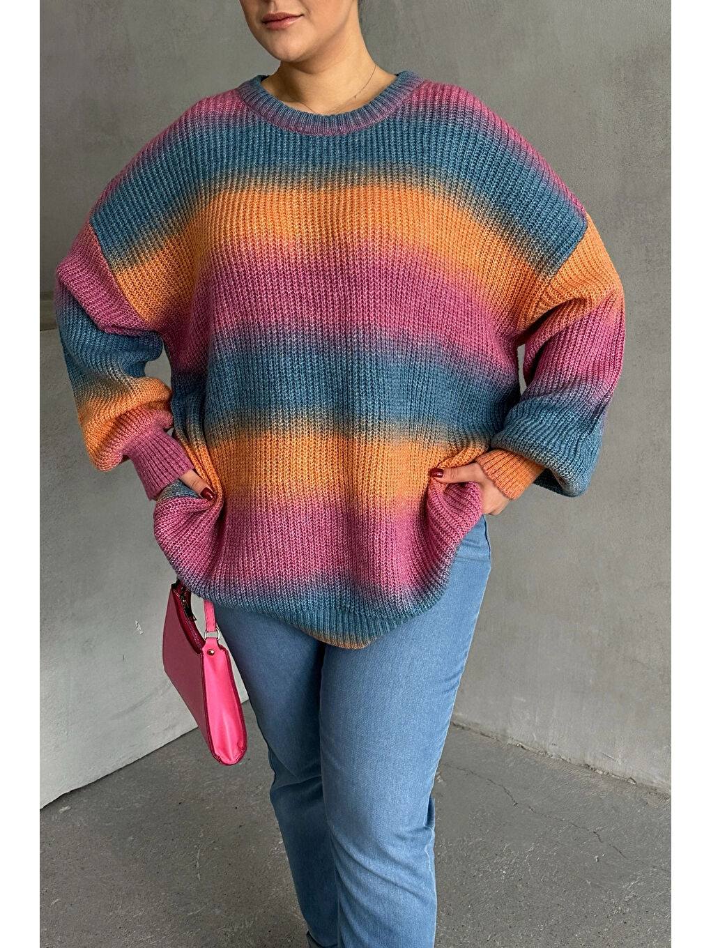 Karışık Büyük Beden Uzun Kollu Bisiklet Yaka Renk Bloklu Triko Kazak DG-09-4