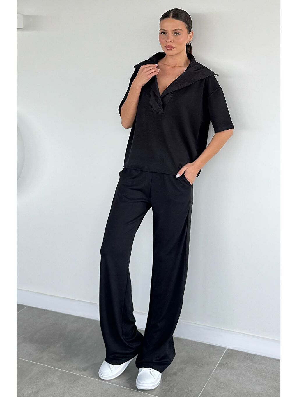 Siyah Kadın Polo Yaka Bluz Bel Lastikli Pantolon İkili Takım