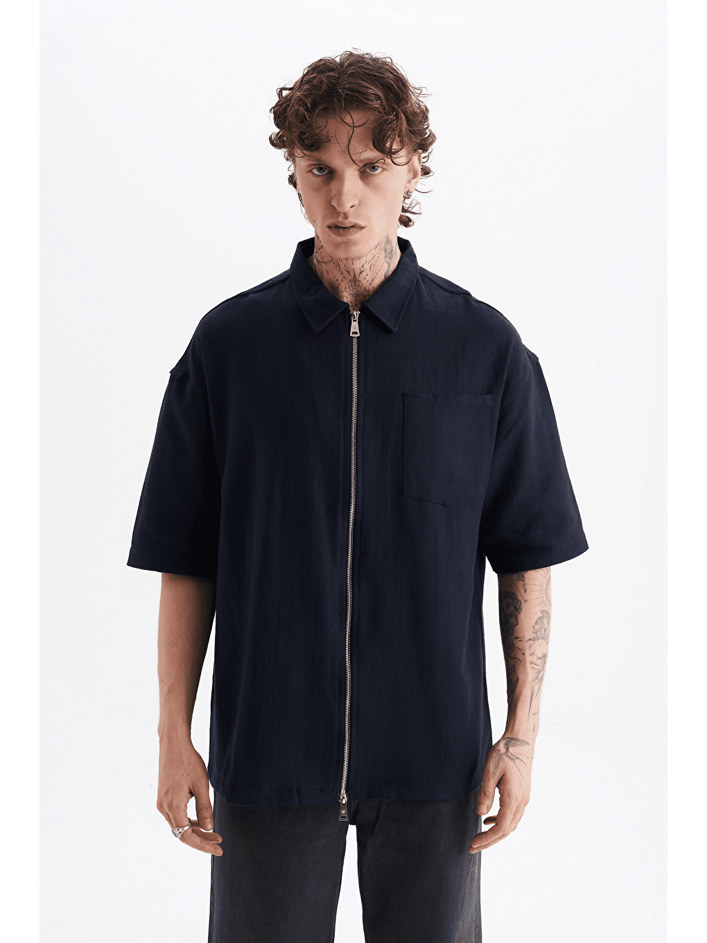 Erkek Lilyum Keten Fermuarlı Cepli Gömlek Lacivert