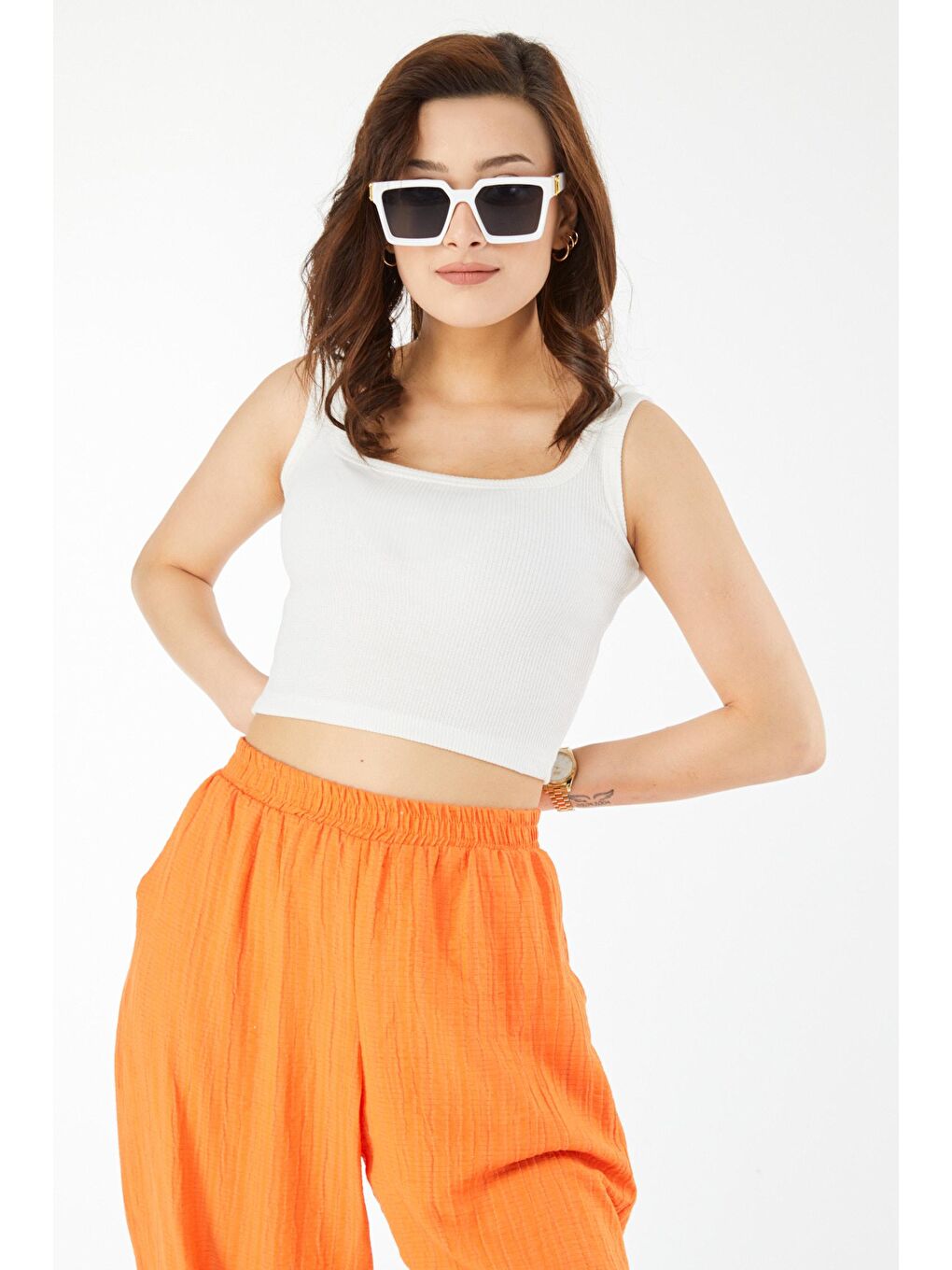 Bisiklet Yaka Kadın Beyaz Kare Yaka Kısa Kollu Crop - 24439-3