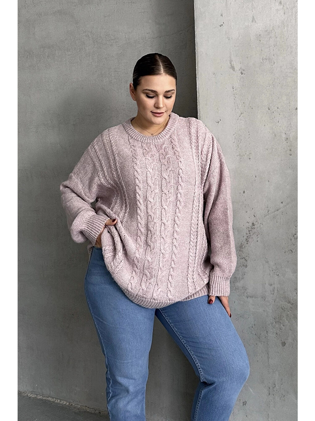 Pembe Büyük Beden Uzun Kollu Bisiklet Yaka Triko Kazak DG-05