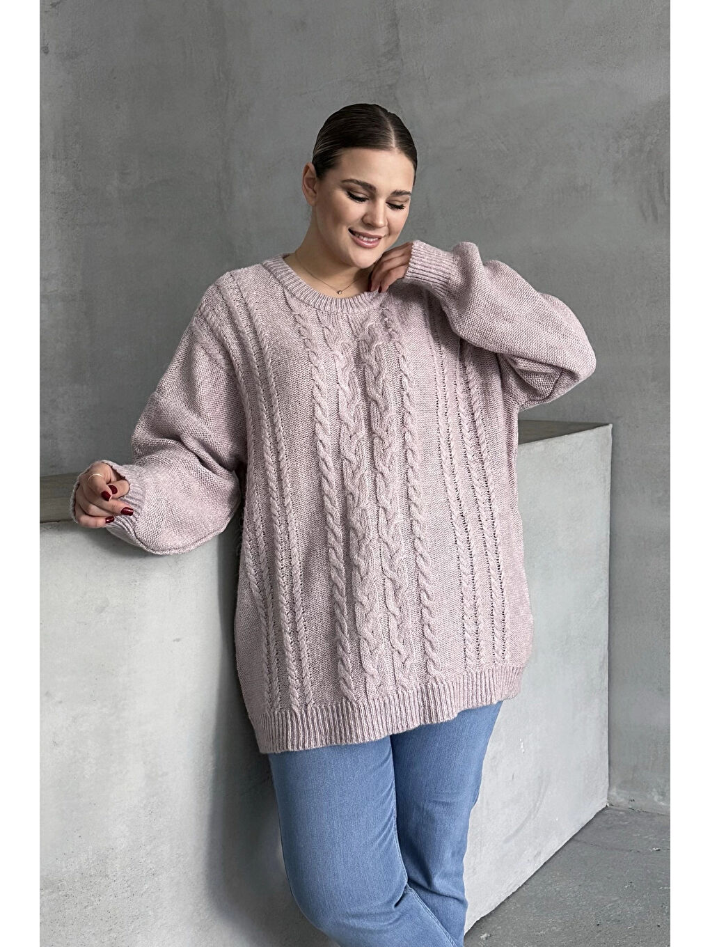 Pembe Büyük Beden Uzun Kollu Bisiklet Yaka Triko Kazak DG-05-1