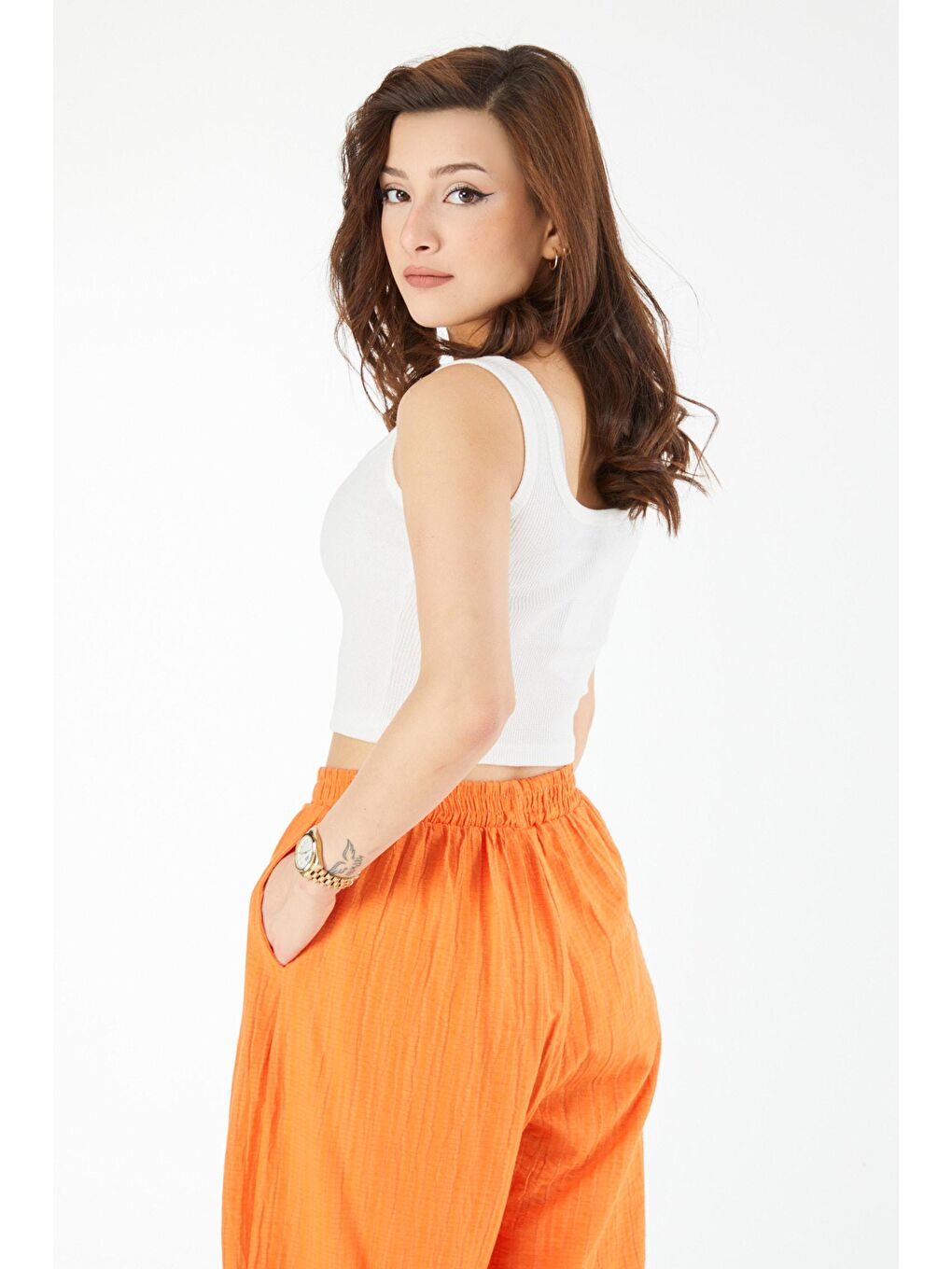 Bisiklet Yaka Kadın Beyaz Kare Yaka Kısa Kollu Crop - 24439-4