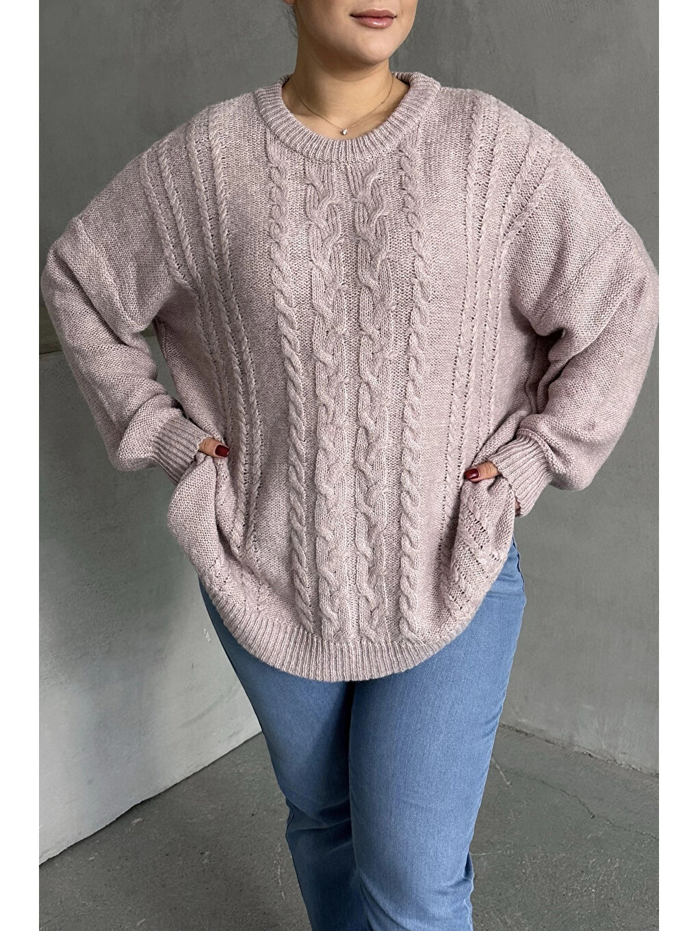 Pembe Büyük Beden Uzun Kollu Bisiklet Yaka Triko Kazak DG-05-2