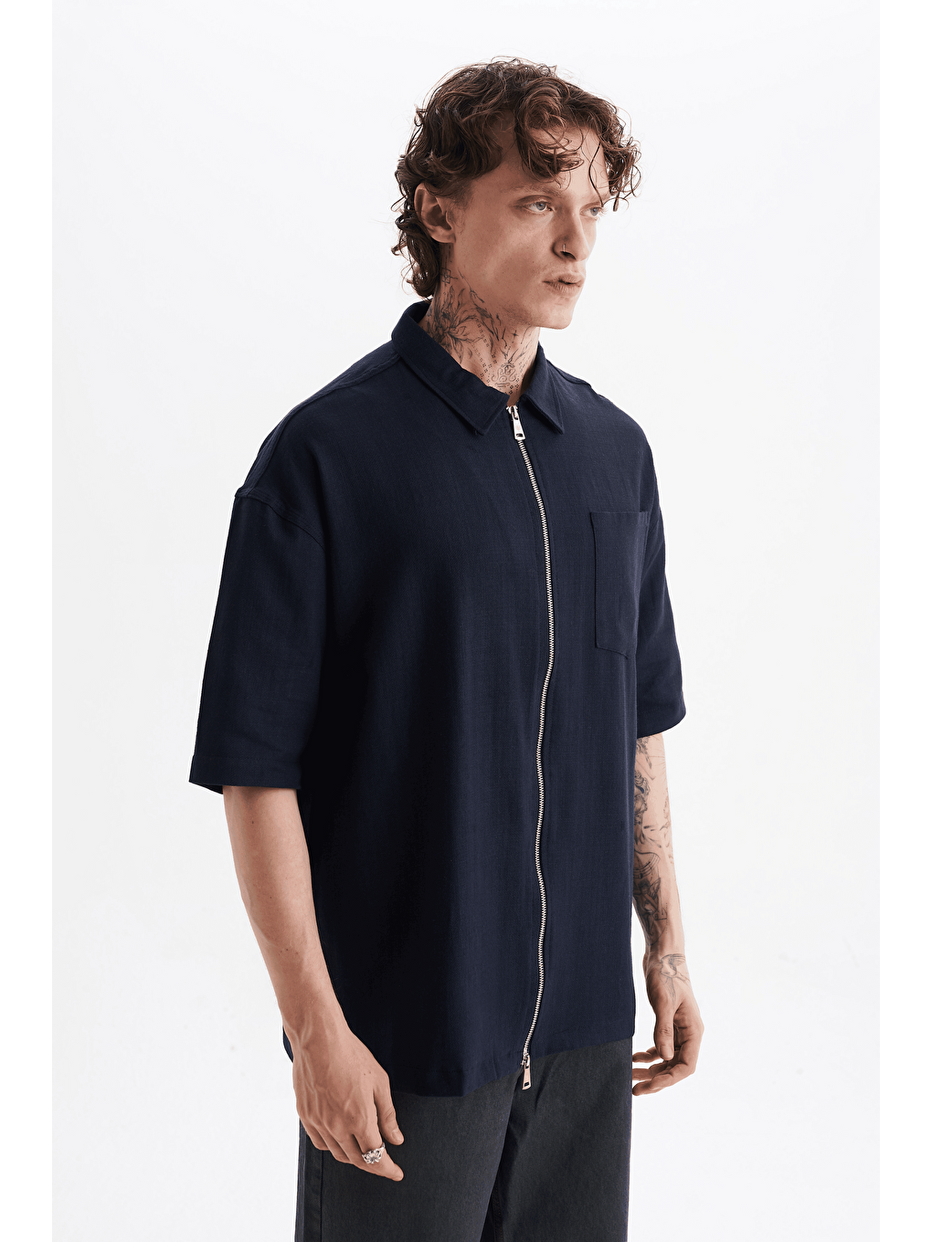Erkek Lilyum Keten Fermuarlı Cepli Gömlek Lacivert-1