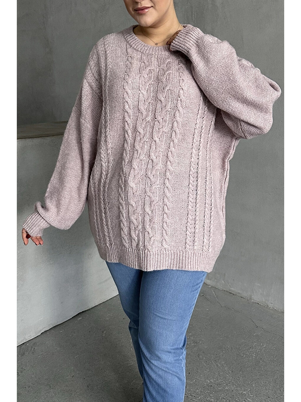 Pembe Büyük Beden Uzun Kollu Bisiklet Yaka Triko Kazak DG-05-3