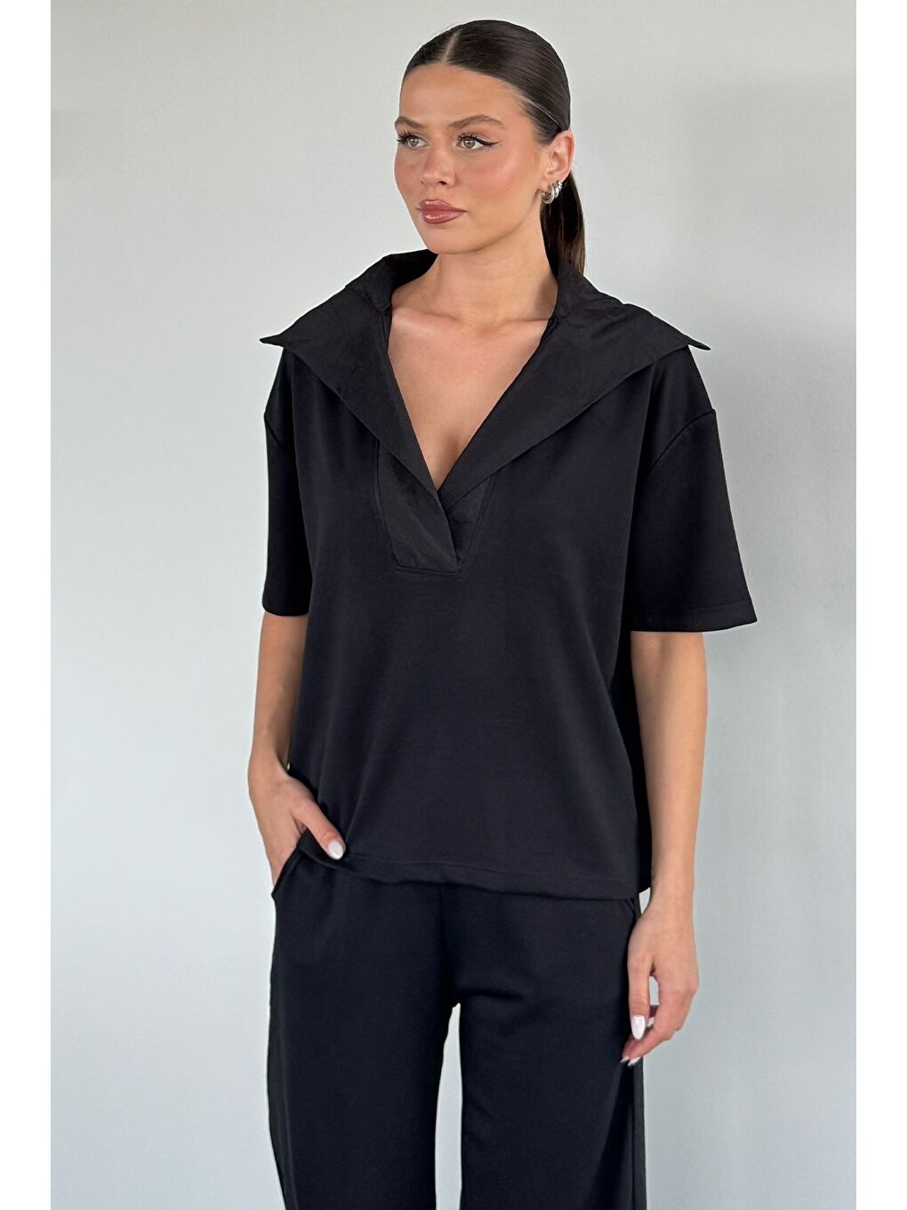 Siyah Kadın Polo Yaka Bluz Bel Lastikli Pantolon İkili Takım-2