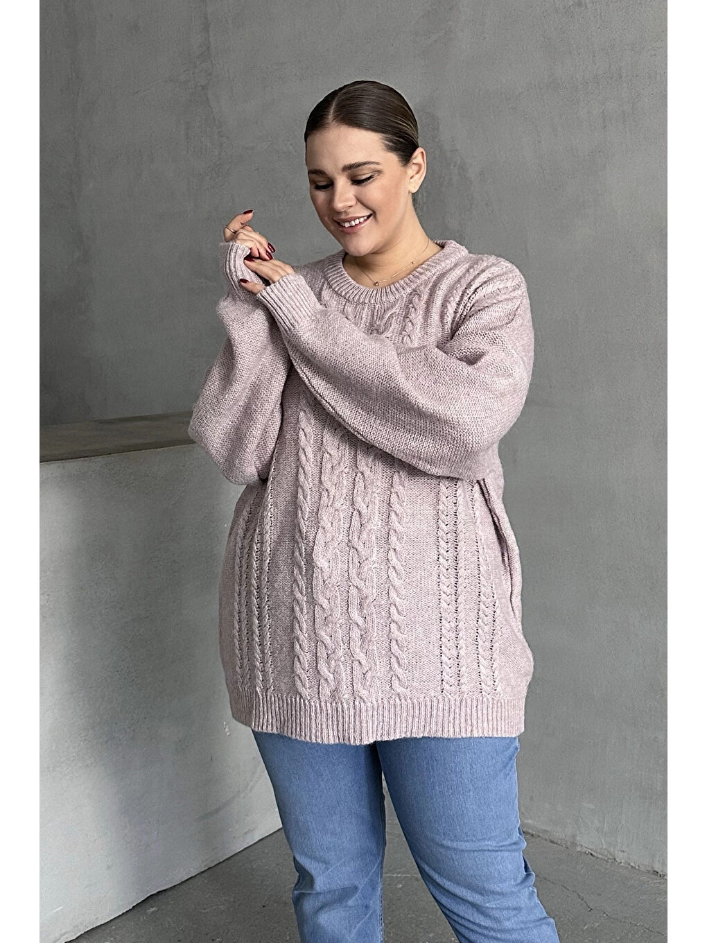 Pembe Büyük Beden Uzun Kollu Bisiklet Yaka Triko Kazak DG-05-4