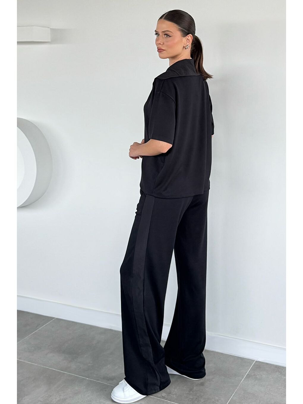 Siyah Kadın Polo Yaka Bluz Bel Lastikli Pantolon İkili Takım-3