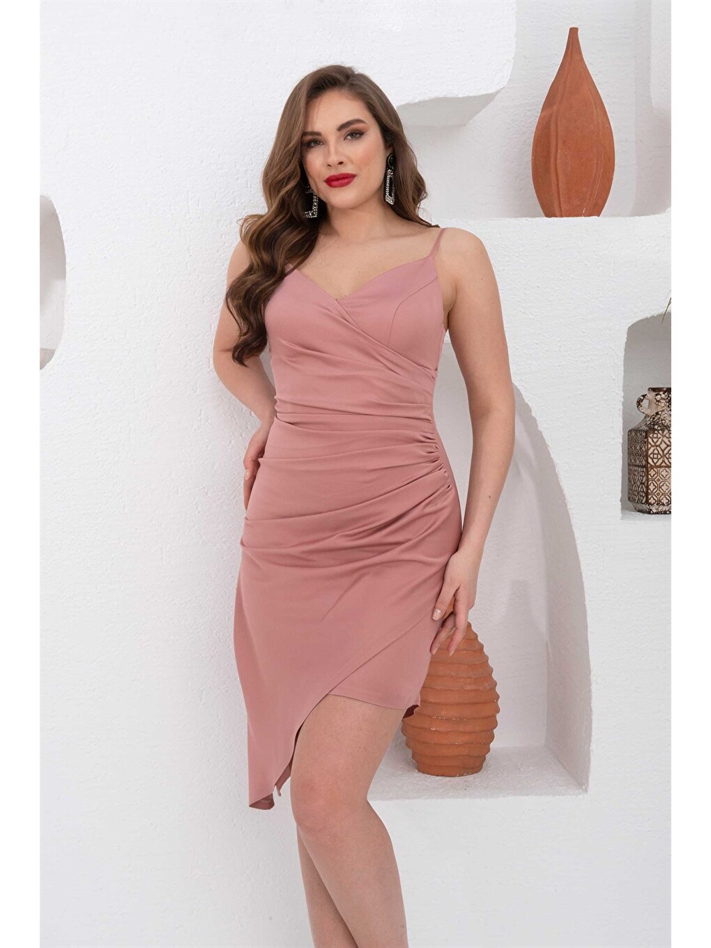 Pembe 6Ixty8ight Pudra Saten Askılı Kısa Abiye Elbise-1